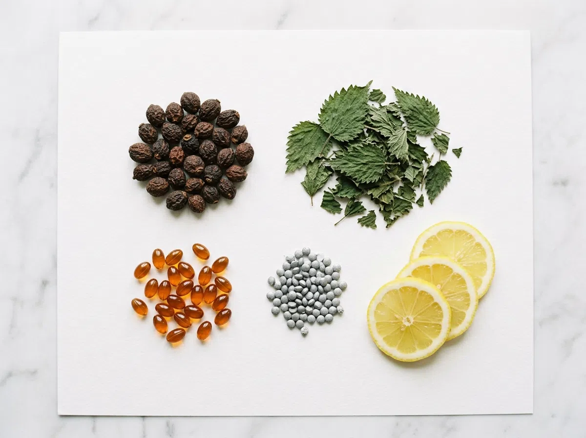 Flat-lay of saw palmetto berries, nettle leaves, zinc and vitamin capsules - plant-based men's health capsules