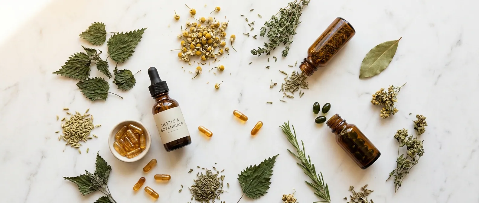 Botanical herbs and amber supplement capsules arranged on white marble - plant-based men's wellness supplements Australia