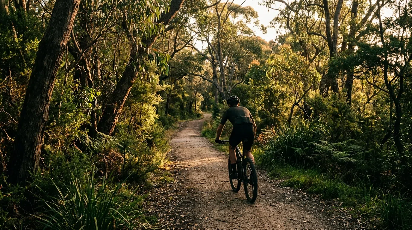 Anonymous person cycling through Australian bush - daily wellness routine for men over 50 Australia